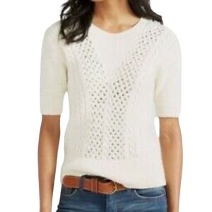 LL Bean Signature Fisherman Short Sleeve Cable Knit Ivory Cotton Sweater M